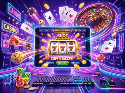 A luxurious digital casino display featuring golden gambling chips and vibrant neon lighting